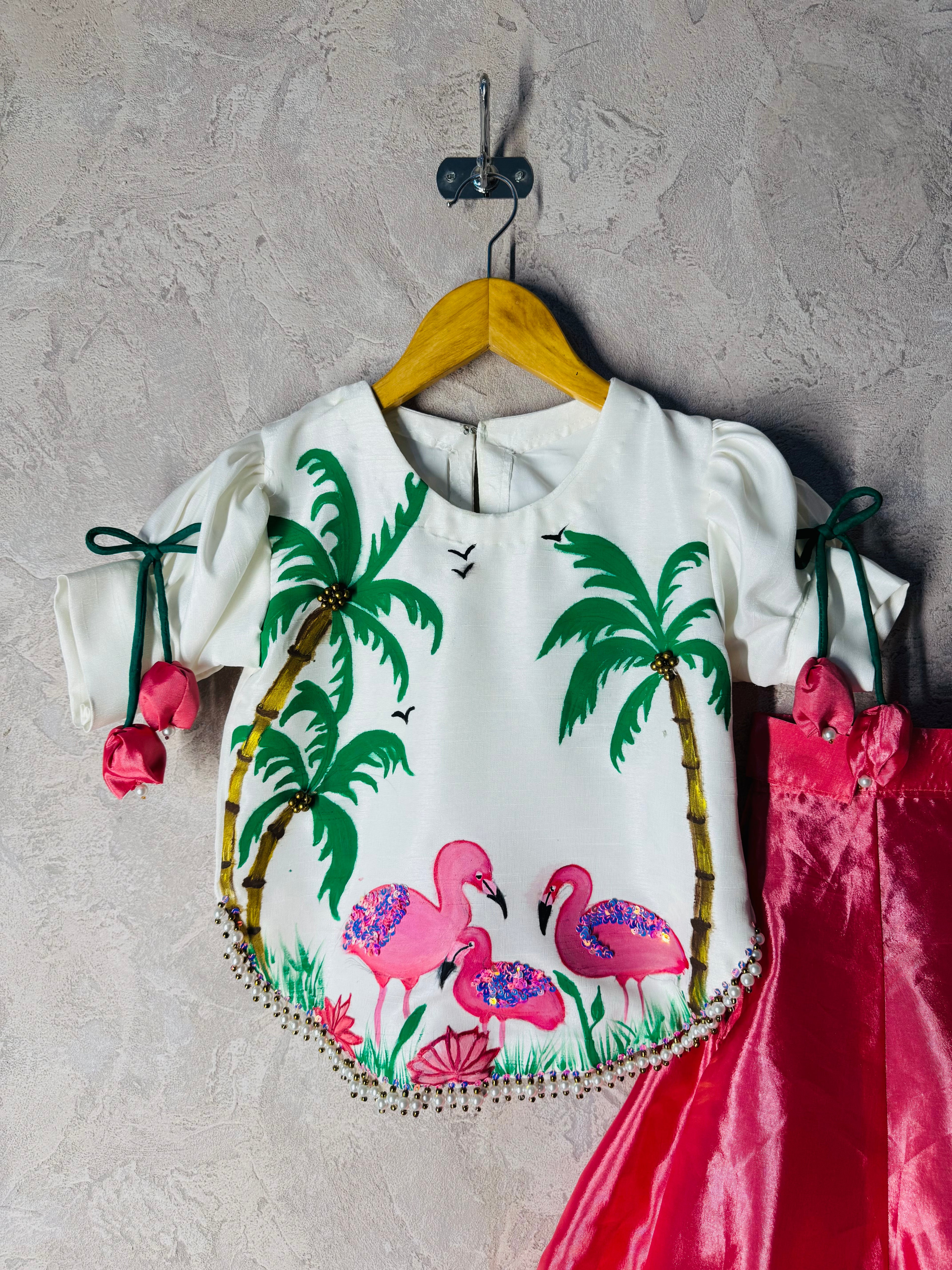 Hand-Painted Flamingo Palm Sharara Set